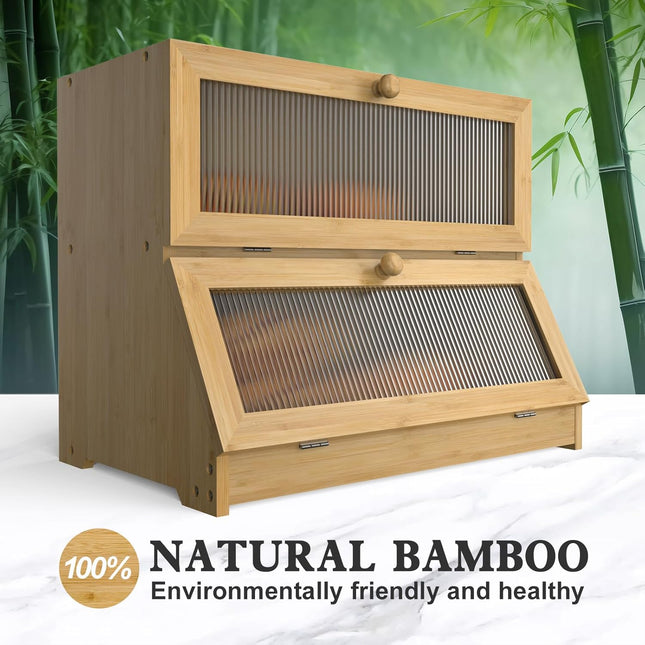 CARLA HOME Double Layer Bamboo Bread Box for Kitchen Counter with Large Capacity and Clear Window-1992735293874245635