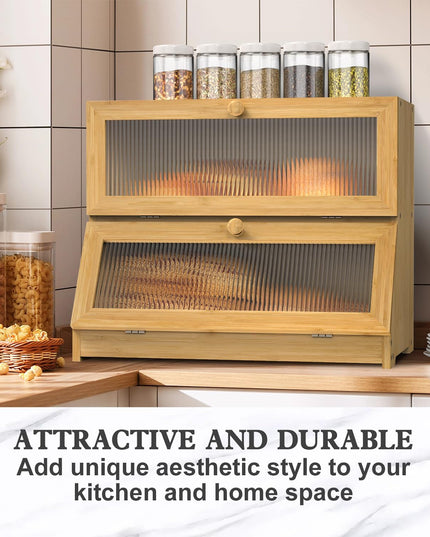 CARLA HOME Double Layer Bamboo Bread Box for Kitchen Counter with Large Capacity and Clear Window-1992735293874245637