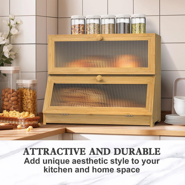CARLA HOME Double Layer Bamboo Bread Box for Kitchen Counter with Large Capacity and Clear Window-1992735293874245637