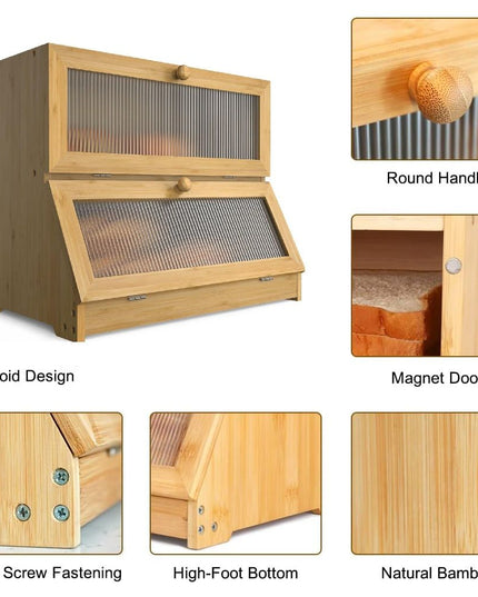 CARLA HOME Double Layer Bamboo Bread Box for Kitchen Counter with Large Capacity and Clear Window-1992735293874245639
