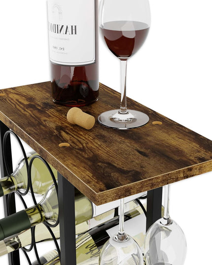 CARLA HOME Wine Rack Countertop Wooden & Metal Holder for 6 Bottles & 2 Glasses-1992735291244417025