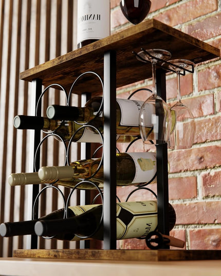 CARLA HOME Wine Rack Countertop Wooden & Metal Holder for 6 Bottles & 2 Glasses-1992735291244417026
