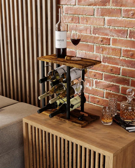 CARLA HOME Wine Rack Countertop Wooden & Metal Holder for 6 Bottles & 2 Glasses-1992735291244417027