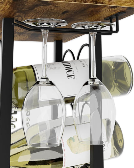 CARLA HOME Wine Rack Countertop Wooden & Metal Holder for 6 Bottles & 2 Glasses-1992735291244417029