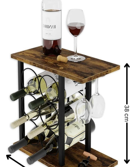 CARLA HOME Wine Rack Countertop Wooden & Metal Holder for 6 Bottles & 2 Glasses-1992735291244417032