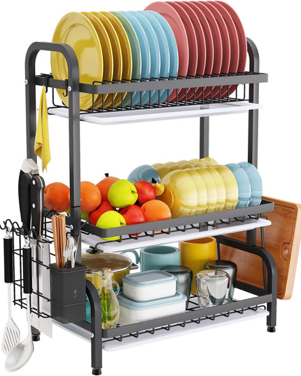 CARLA HOME Dish Drying Rack 3 Tier Large Capacity Kitchen Storage with Utensil and Cutting Board Holder-1992735288283238400