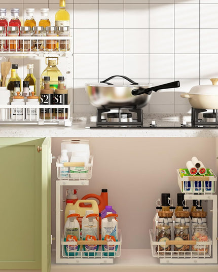 CARLA HOME Set 2 pcs - 2-Tier Kitchen Under Sink Organiser Storage with Height Adjustable, Unique Slide Rail & Suction Cups for Storage-1978962251352248321