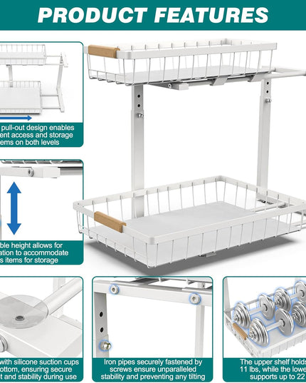 CARLA HOME Set 2 pcs - 2-Tier Kitchen Under Sink Organiser Storage with Height Adjustable, Unique Slide Rail & Suction Cups for Storage-1978962251352248322