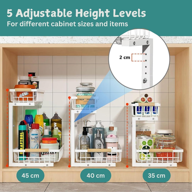 CARLA HOME Set 2 pcs - 2-Tier Kitchen Under Sink Organiser Storage with Height Adjustable, Unique Slide Rail & Suction Cups for Storage-1978962251352248323