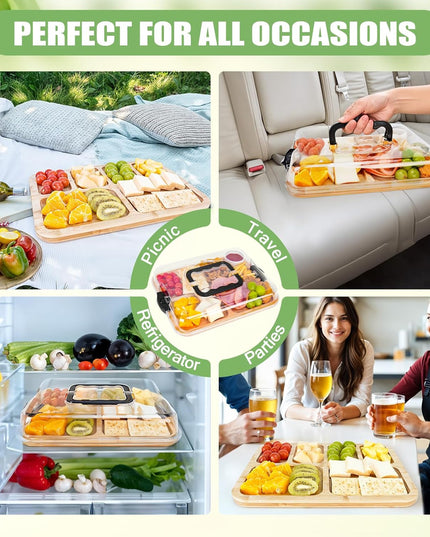 CARLA HOME Bamboo Charcuterie Board with Lid & Handle ideal Gift for Kitchen, Party & Picnic (6 Compartments)-1992735284592250887