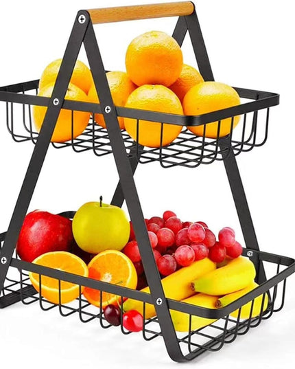 CARLA HOME 2-Tier Fruit Basket Stand for Kitchen Countertop for Fruits, Vegetables, Bread & Snacks with Wooden Handle-1992735293362540544