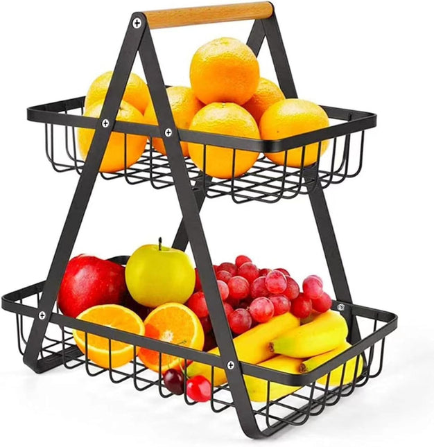 CARLA HOME 2-Tier Fruit Basket Stand for Kitchen Countertop for Fruits, Vegetables, Bread & Snacks with Wooden Handle-1992735293362540544