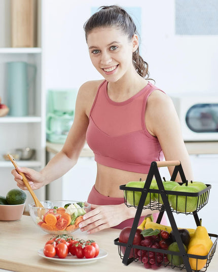 CARLA HOME 2-Tier Fruit Basket Stand for Kitchen Countertop for Fruits, Vegetables, Bread & Snacks with Wooden Handle-1992735293362540545