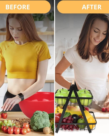 CARLA HOME 2-Tier Fruit Basket Stand for Kitchen Countertop for Fruits, Vegetables, Bread & Snacks with Wooden Handle-1992735293362540546