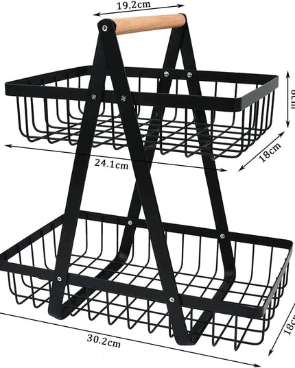 CARLA HOME 2-Tier Fruit Basket Stand for Kitchen Countertop for Fruits, Vegetables, Bread & Snacks with Wooden Handle-1992735293362540547
