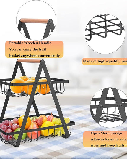 CARLA HOME 2-Tier Fruit Basket Stand for Kitchen Countertop for Fruits, Vegetables, Bread & Snacks with Wooden Handle-1992735293362540548