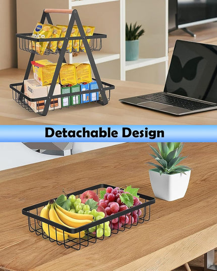CARLA HOME 2-Tier Fruit Basket Stand for Kitchen Countertop for Fruits, Vegetables, Bread & Snacks with Wooden Handle-1992735293362540549