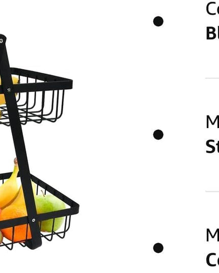 CARLA HOME 2-Tier Fruit Basket Stand for Kitchen Countertop for Fruits, Vegetables, Bread & Snacks with Wooden Handle-1992735293362540550