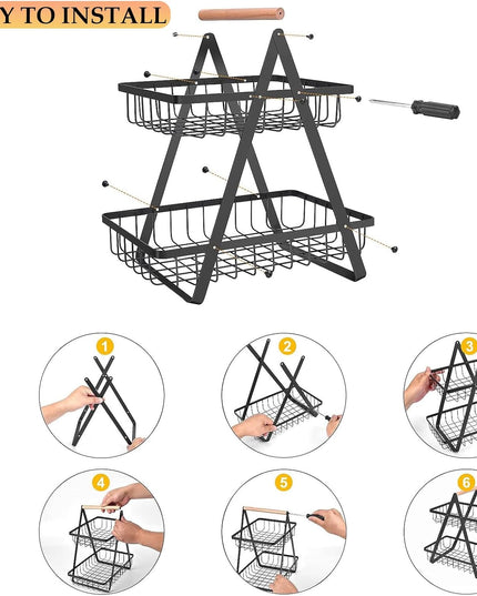CARLA HOME 2-Tier Fruit Basket Stand for Kitchen Countertop for Fruits, Vegetables, Bread & Snacks with Wooden Handle-1992735293362540551