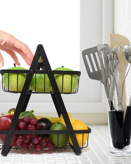 CARLA HOME 2-Tier Fruit Basket Stand for Kitchen Countertop for Fruits, Vegetables, Bread & Snacks with Wooden Handle-1992735293362540552