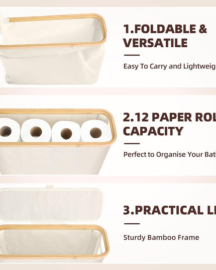 CARLA HOME Toilet Paper Storage Basket Holds Up to 12 Rolls with Bamboo Lid and Handle for RV Closet (White)-1992735297825280004