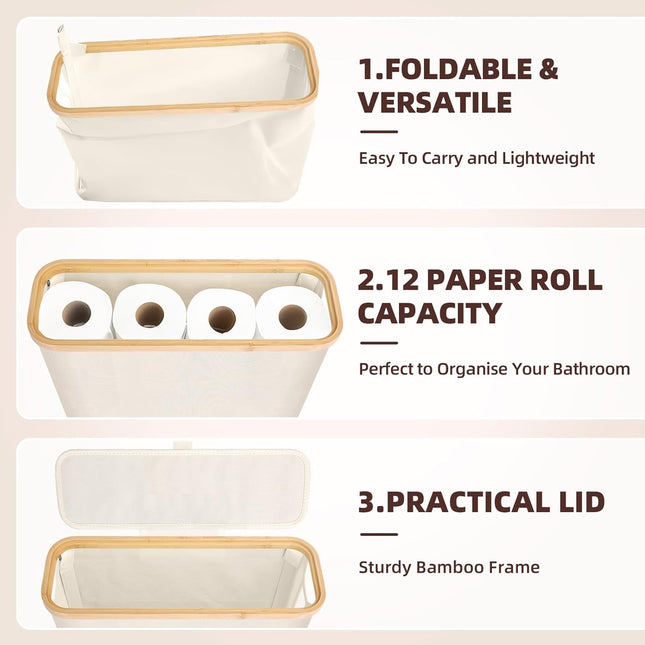 CARLA HOME Toilet Paper Storage Basket Holds Up to 12 Rolls with Bamboo Lid and Handle for RV Closet (White)-1992735297825280004