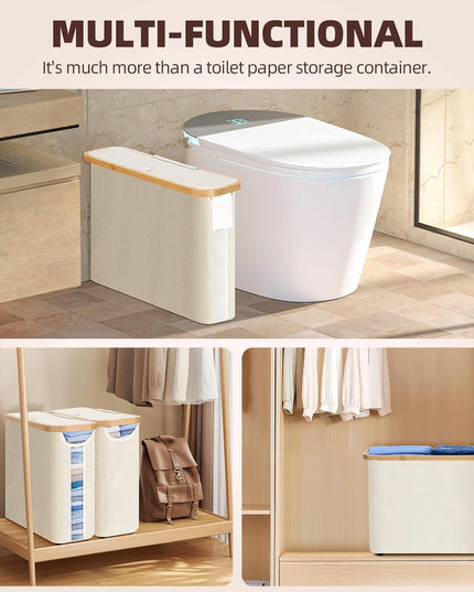 CARLA HOME Toilet Paper Storage Basket Holds Up to 12 Rolls with Bamboo Lid and Handle for RV Closet (White)-1992735297825280007