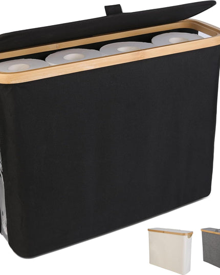 CARLA HOME Toilet Paper Storage Basket Holds Up to 12 Rolls with Bamboo Lid and Handle for RV Closet (Black)-1992735298517340160