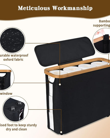 CARLA HOME Toilet Paper Storage Basket Holds Up to 12 Rolls with Bamboo Lid and Handle for RV Closet (Black)-1992735298517340163