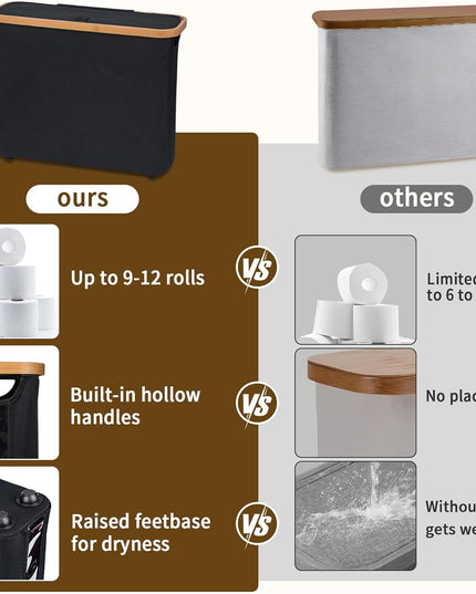 CARLA HOME Toilet Paper Storage Basket Holds Up to 12 Rolls with Bamboo Lid and Handle for RV Closet (Black)-1992735298517340164