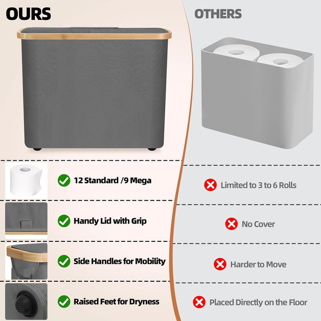 CARLA HOME Toilet Paper Storage Basket Holds Up to 12 Rolls with Bamboo Lid and Handle for RV Closet (Grey)-1992735289340203013