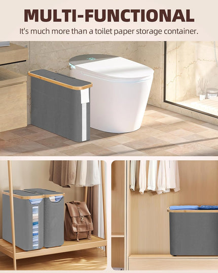 CARLA HOME Toilet Paper Storage Basket Holds Up to 12 Rolls with Bamboo Lid and Handle for RV Closet (Grey)-1992735289340203015