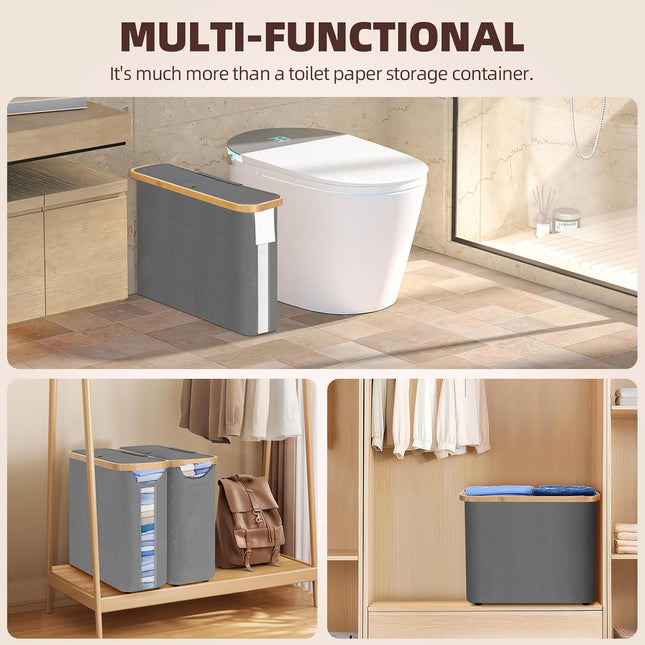 CARLA HOME Toilet Paper Storage Basket Holds Up to 12 Rolls with Bamboo Lid and Handle for RV Closet (Grey)-1992735289340203015