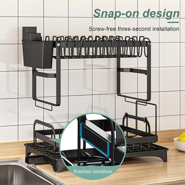 CARLA HOME 2-Tier Dish Drying Rack with Drainage Tray, Utensil Holder, Cup Hooks & Cutting Board Slot for Countertop Kitchen Storage (Black)-1978962254653165572