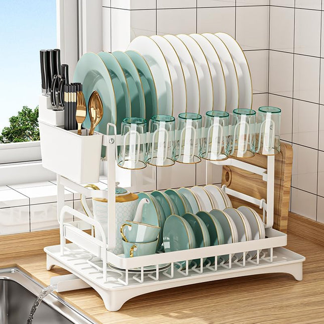 CARLA HOME 2-Tier Dish Drying Rack with Drainage Tray, Utensil Holder, Cup Hooks & Cutting Board Slot for Countertop Kitchen Storage (White)-1992735281312305152