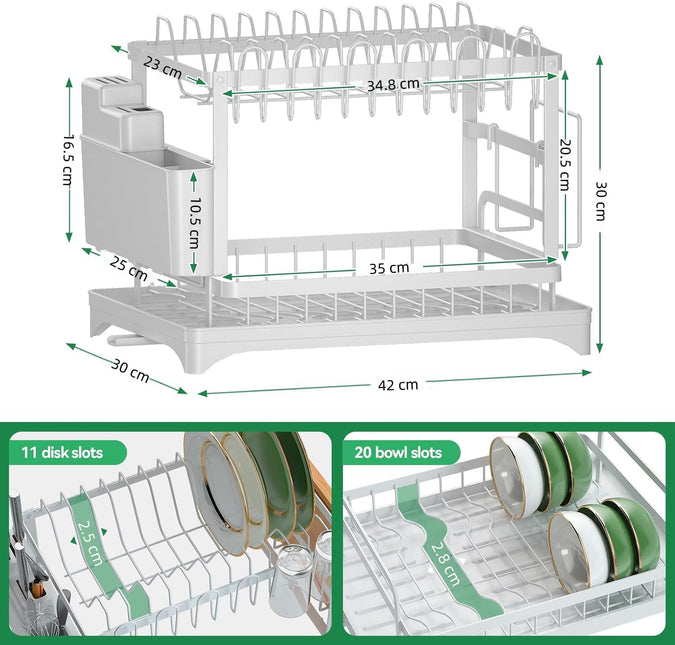 CARLA HOME 2-Tier Dish Drying Rack with Drainage Tray, Utensil Holder, Cup Hooks & Cutting Board Slot for Countertop Kitchen Storage (White)-1992735281312305153