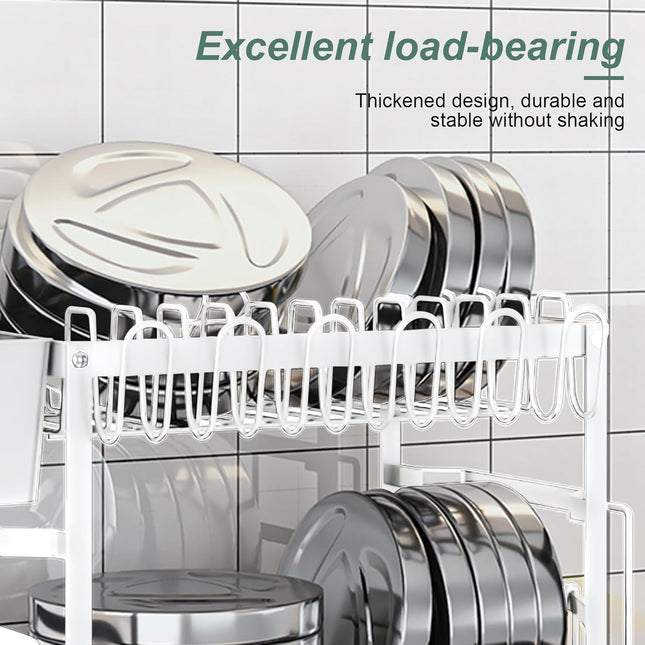 CARLA HOME 2-Tier Dish Drying Rack with Drainage Tray, Utensil Holder, Cup Hooks & Cutting Board Slot for Countertop Kitchen Storage (White)-1992735281312305156