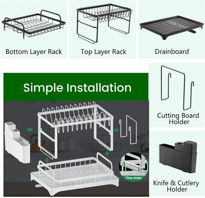 CARLA HOME 2-Tier Dish Drying Rack with Drainage Tray, Utensil Holder, Cup Hooks & Cutting Board Slot for Countertop Kitchen Storage (White)-1992735281312305159