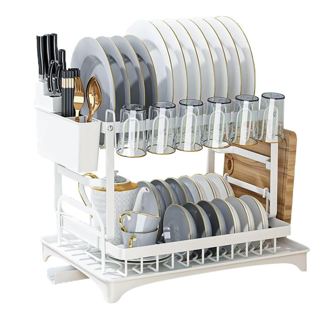 CARLA HOME 2-Tier Dish Drying Rack with Drainage Tray, Utensil Holder, Cup Hooks & Cutting Board Slot for Countertop Kitchen Storage (White)-1992735281312305160