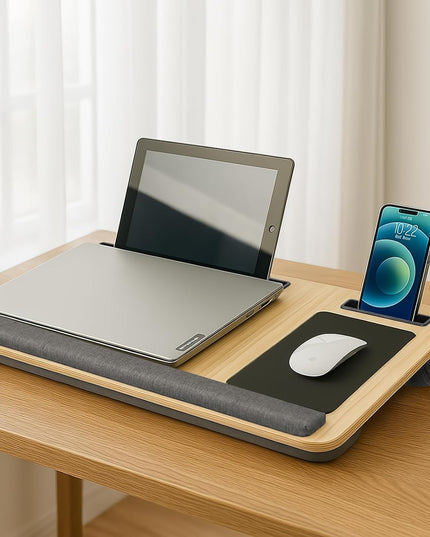 CARLA HOME Oversized Portable Lap Desk with Cushion,Mouse Pad, Tablet and Phone Holder which Fits Up to 17 Inch Laptops for Bed or Sofa (Brown)-1992735301461741570