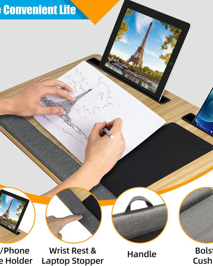 CARLA HOME Oversized Portable Lap Desk with Cushion,Mouse Pad, Tablet and Phone Holder which Fits Up to 17 Inch Laptops for Bed or Sofa (Brown)-1992735301461741572