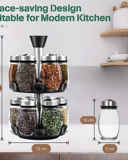 CARLA HOME Rotating Spice Rack Organizer with 16 Glass Jars for Kitchen Seasoning and Herb Storage-1992735291793870849