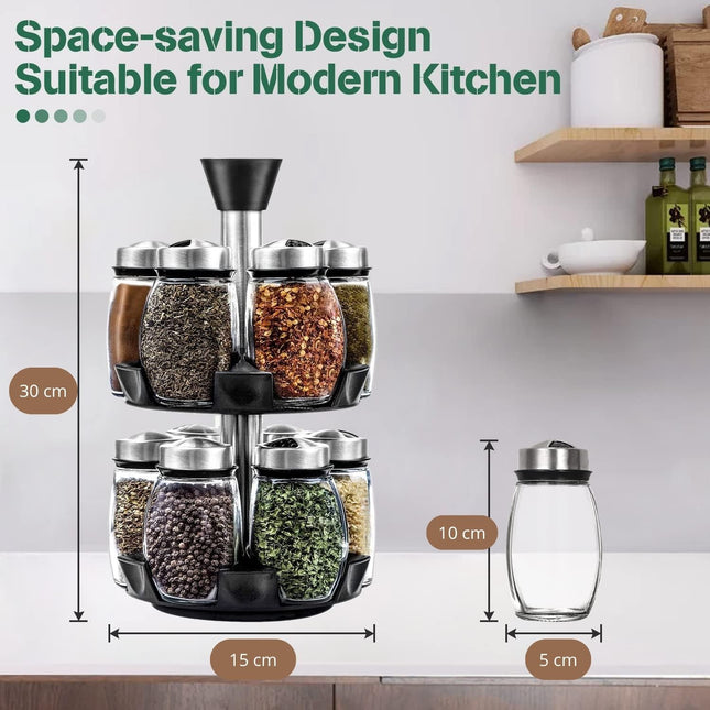 CARLA HOME Rotating Spice Rack Organizer with 16 Glass Jars for Kitchen Seasoning and Herb Storage-1992735291793870849