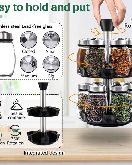 CARLA HOME Rotating Spice Rack Organizer with 16 Glass Jars for Kitchen Seasoning and Herb Storage-1992735291793870851