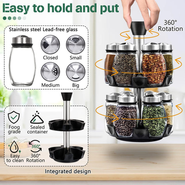 CARLA HOME Rotating Spice Rack Organizer with 16 Glass Jars for Kitchen Seasoning and Herb Storage-1992735291793870851