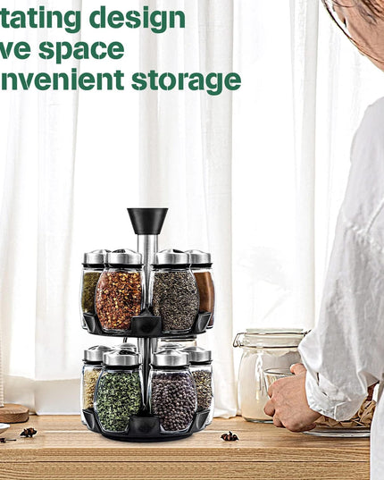 CARLA HOME Rotating Spice Rack Organizer with 16 Glass Jars for Kitchen Seasoning and Herb Storage-1992735291793870853