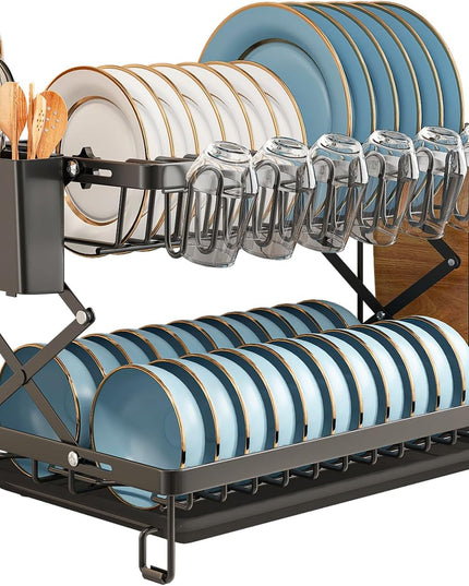 CARLA HOME 2-Tier Dish Drying Rack with Drainage Tray, Utensil Holder, Cup Hooks & Cutting Board Rack for Kitchen (Black)-1992735295317086208