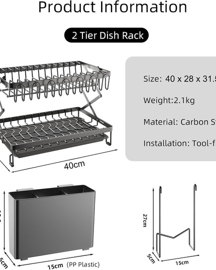 CARLA HOME 2-Tier Dish Drying Rack with Drainage Tray, Utensil Holder, Cup Hooks & Cutting Board Rack for Kitchen (Black)-1992735295317086209