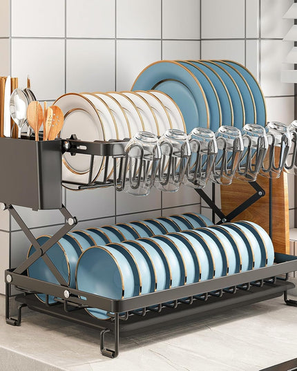 CARLA HOME 2-Tier Dish Drying Rack with Drainage Tray, Utensil Holder, Cup Hooks & Cutting Board Rack for Kitchen (Black)-1992735295317086210