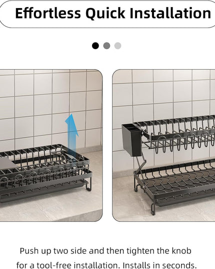 CARLA HOME 2-Tier Dish Drying Rack with Drainage Tray, Utensil Holder, Cup Hooks & Cutting Board Rack for Kitchen (Black)-1992735295317086211